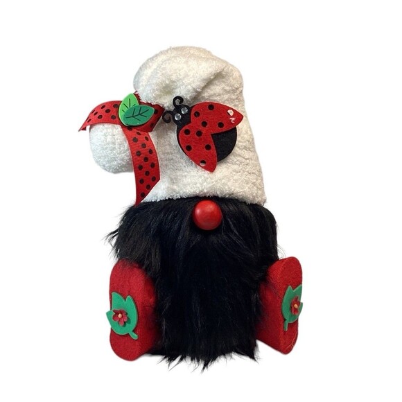 Lady Bug Gnome Shelf Sitter Plush Handmade Red Black White Measures 10” - Picture 1 of 4